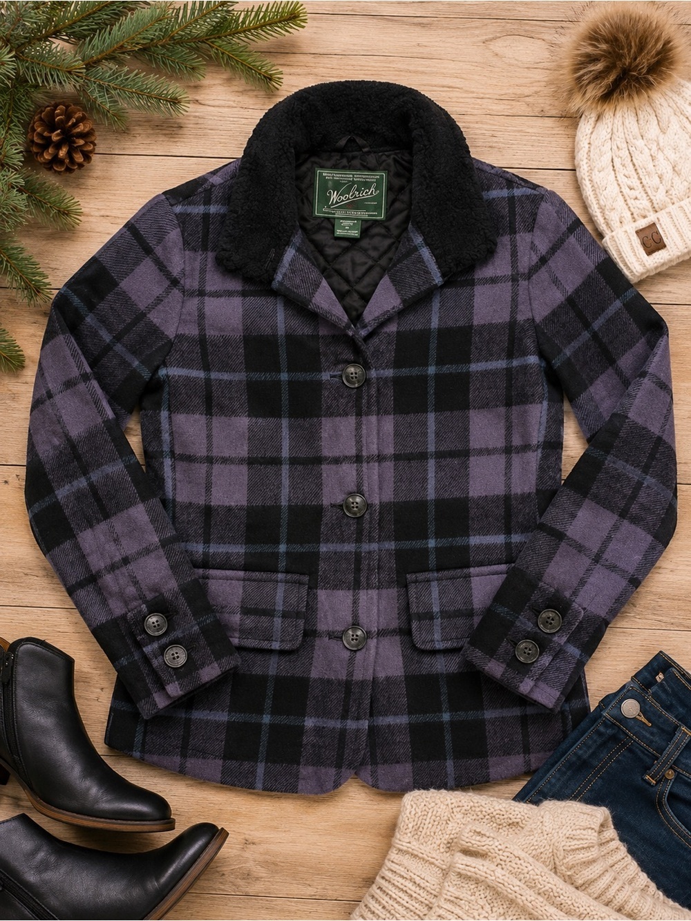 Woolrich 80% Wool Plaid Jacket Coat Womens Small Purple Black Sherpa Collar